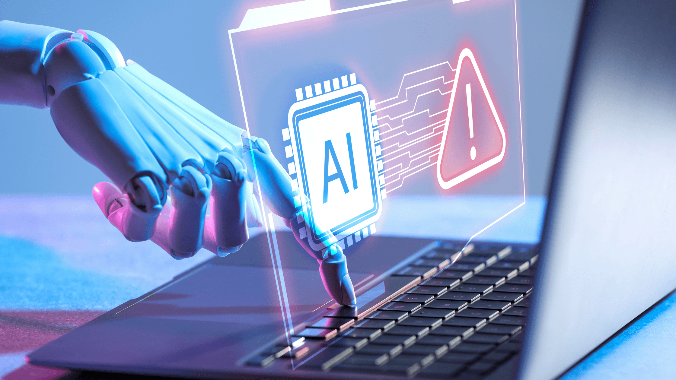 Robotic hands typing on a laptop displaying glowing AI and automated workflow graphics, representing an AI agent loop.