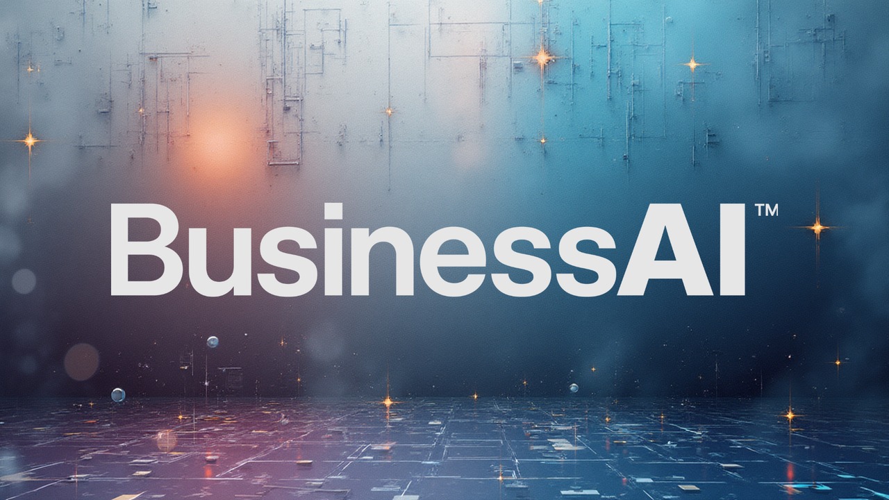 BusinessAI wordmark over a blue circuit-board landscape
